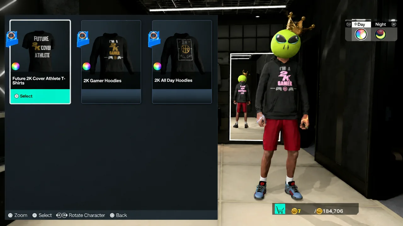 Clothing selection screen with the Future 2K Cover Athlete T-Shirts entry highlighted