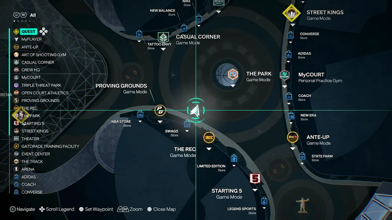 City map screen open with the QUEST menu highlighted while browsing destinations
