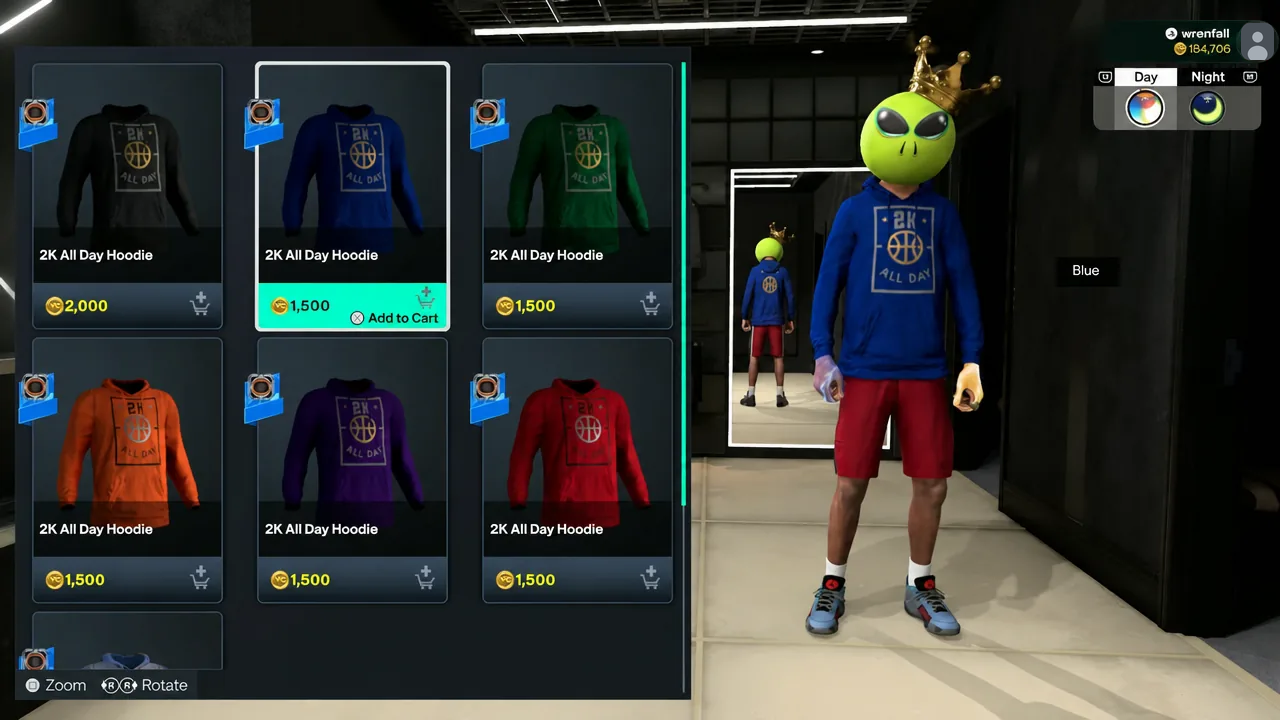 The blue 2K All Day Hoodie highlighted in the shop with Add to Cart selected