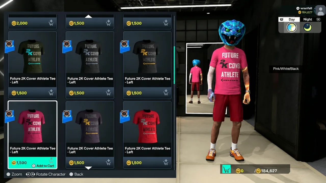 Clothing Store grid with the pink Future 2K Cover Athlete Tee - Left being added to the cart