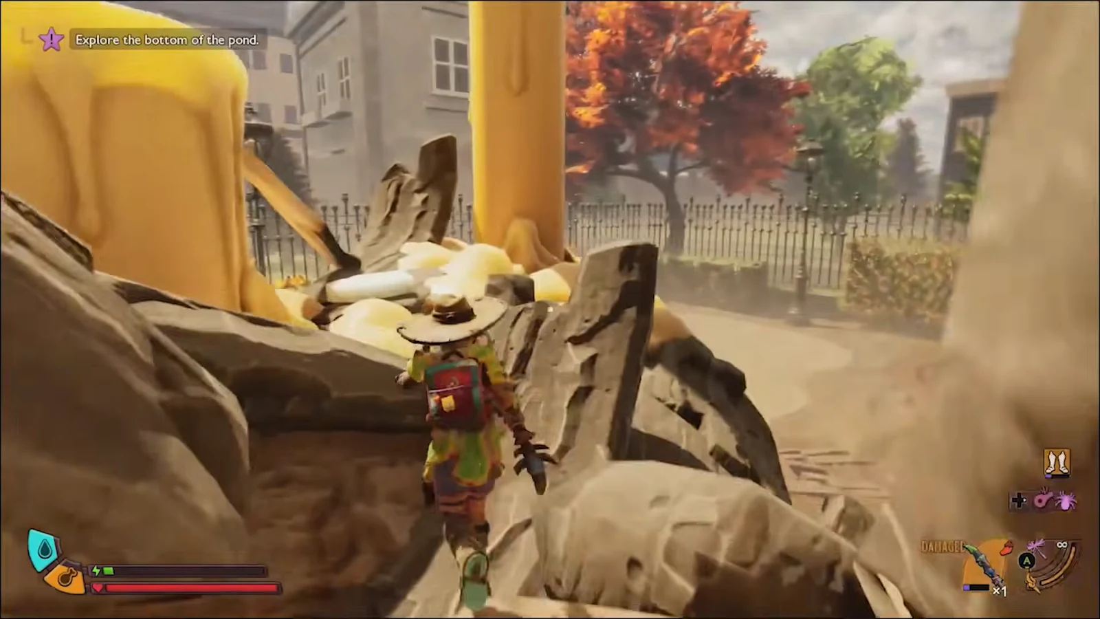 Character climbing over raised wreckage and debris toward the next platform