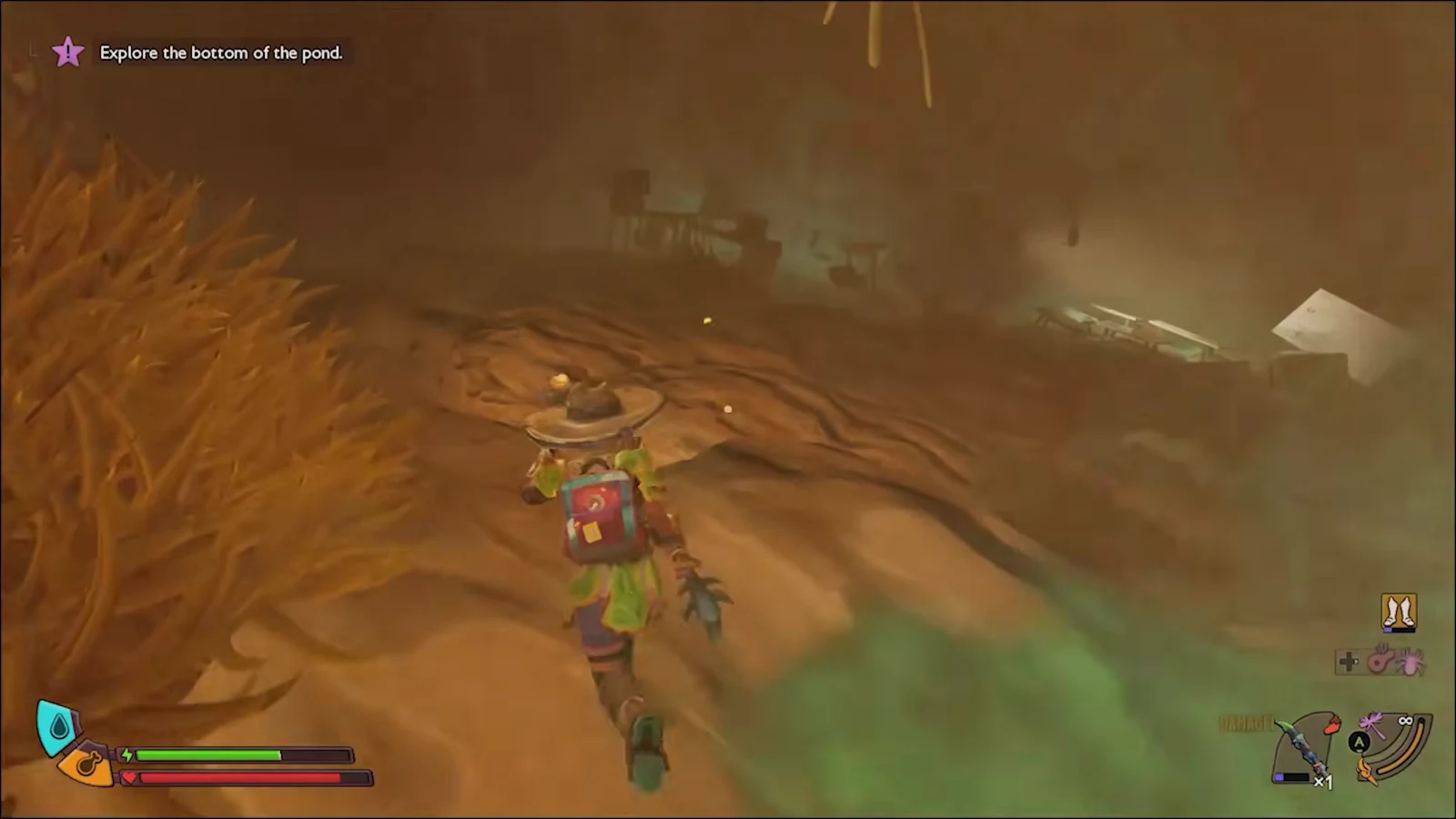 First-person view moving through murky water with the objective tracker on the right side