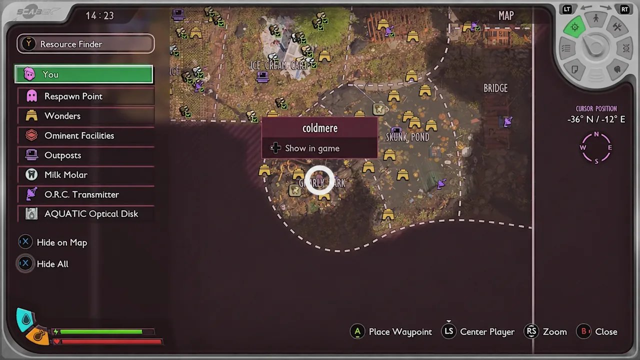 Grounded 2 map screen with a location highlighted and the Show in game option available