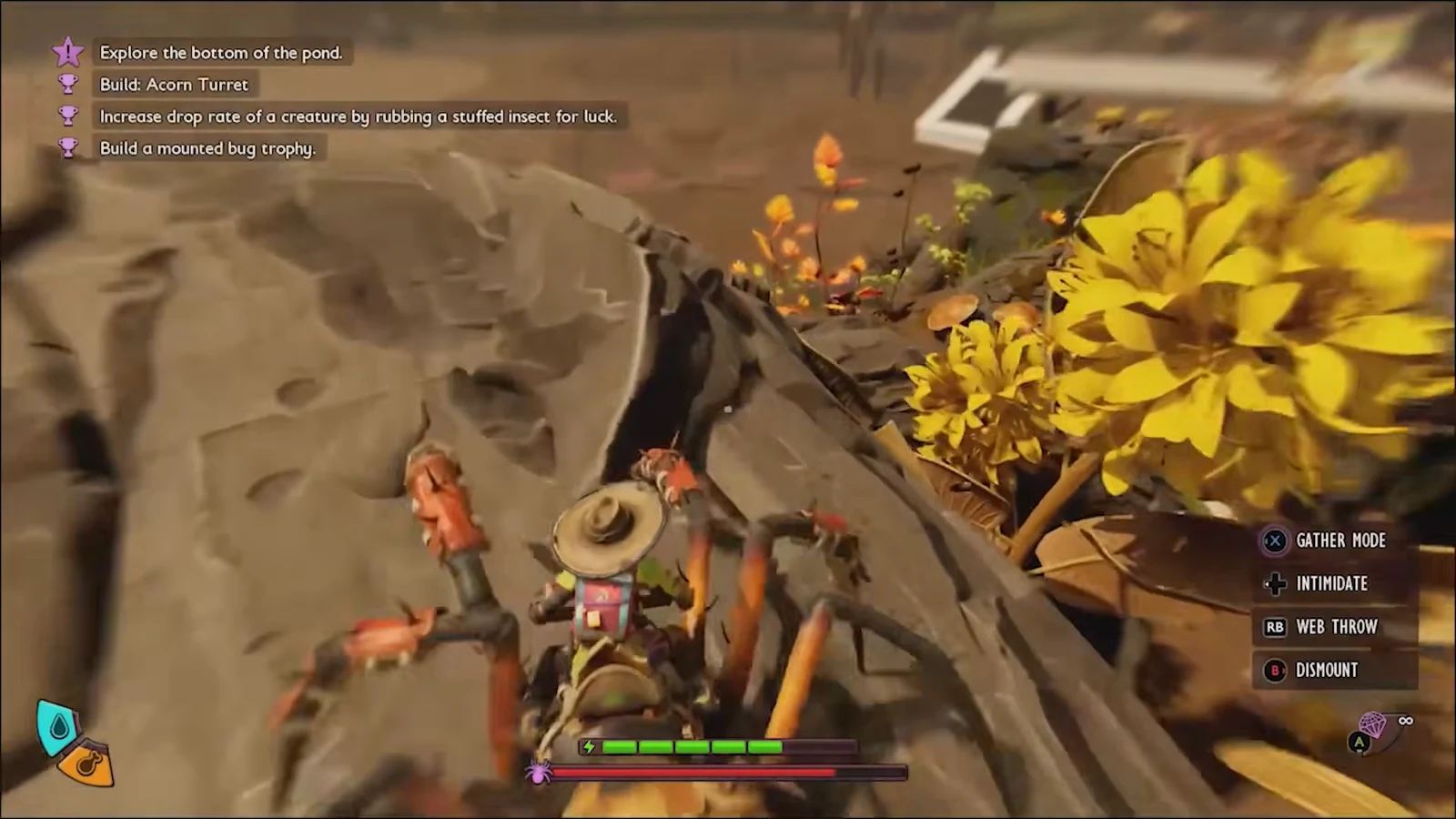 Player riding a mounted bug across rocks with the Gather Mode control shown on screen