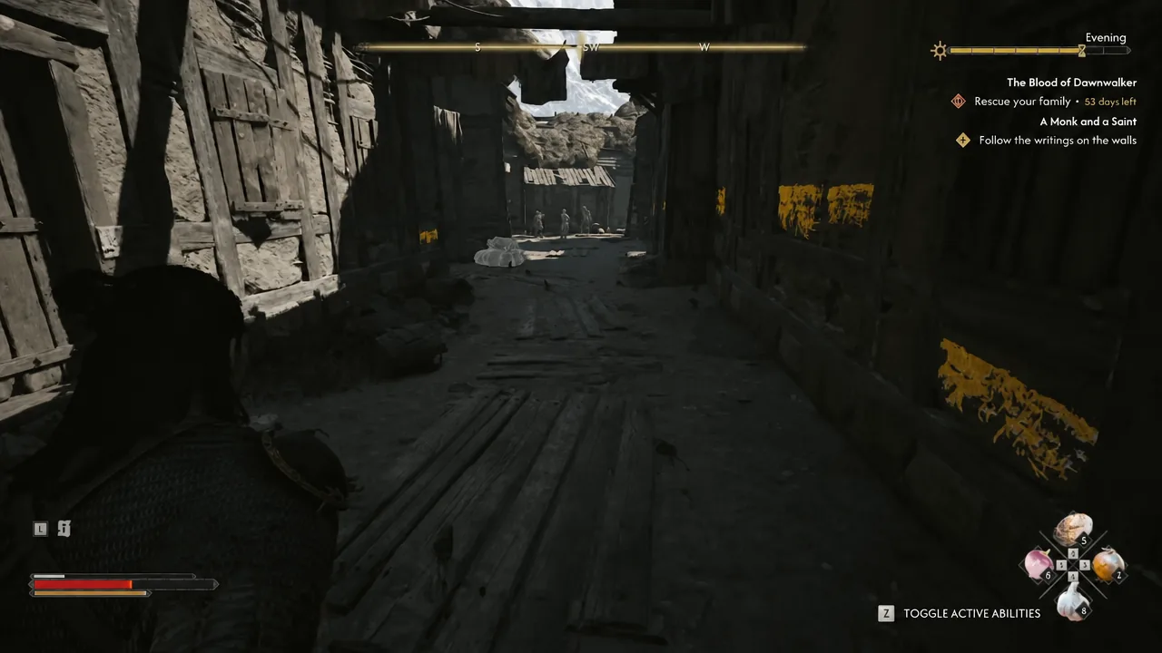 Yellow wall writings glow along a Middens corridor during A Monk and a Saint
