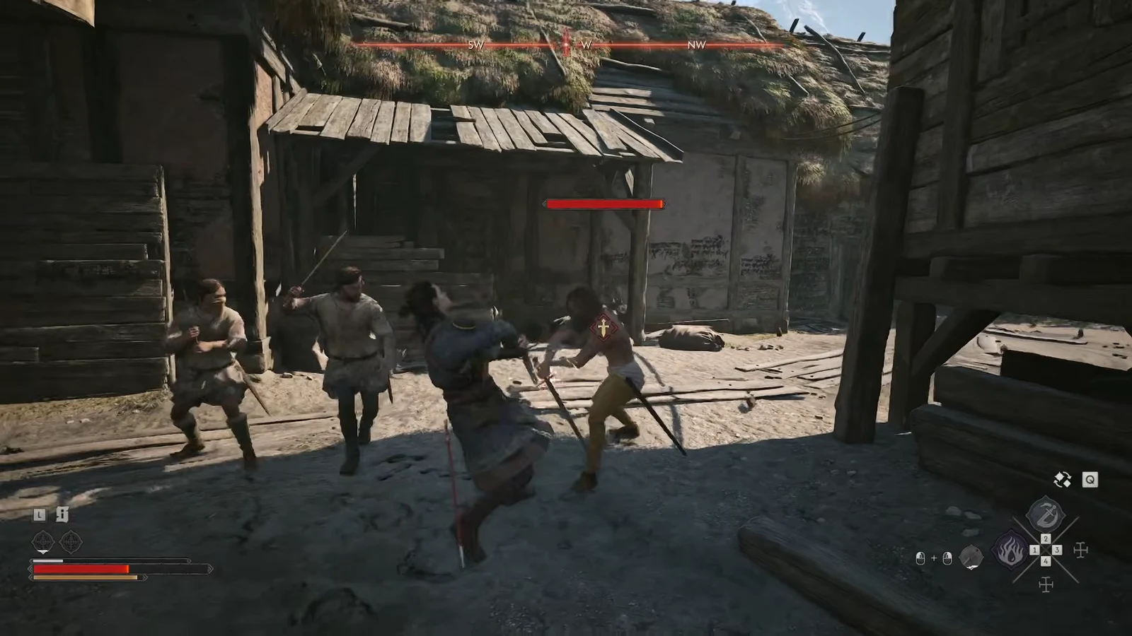 Coen locks onto a marked swordsman with a red health bar during the three-thug fight