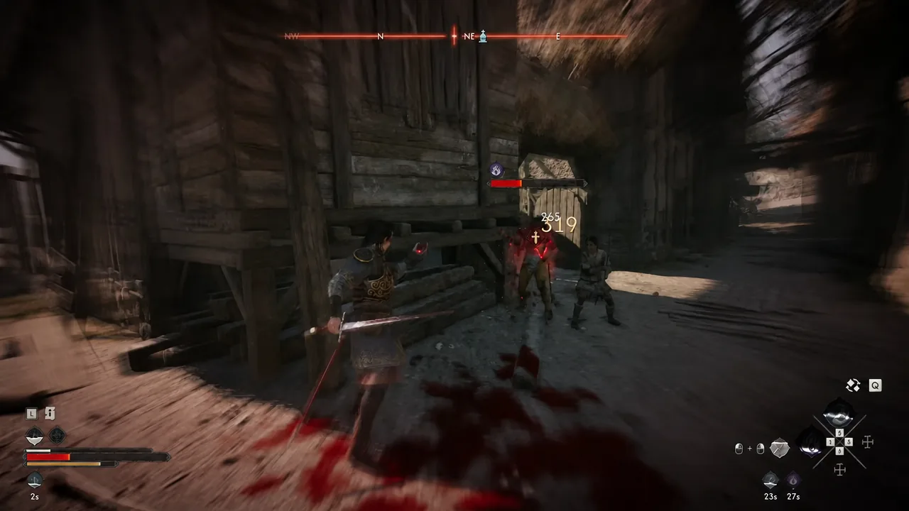 Damage numbers pop off a highlighted enemy as Coen attacks in the Middens