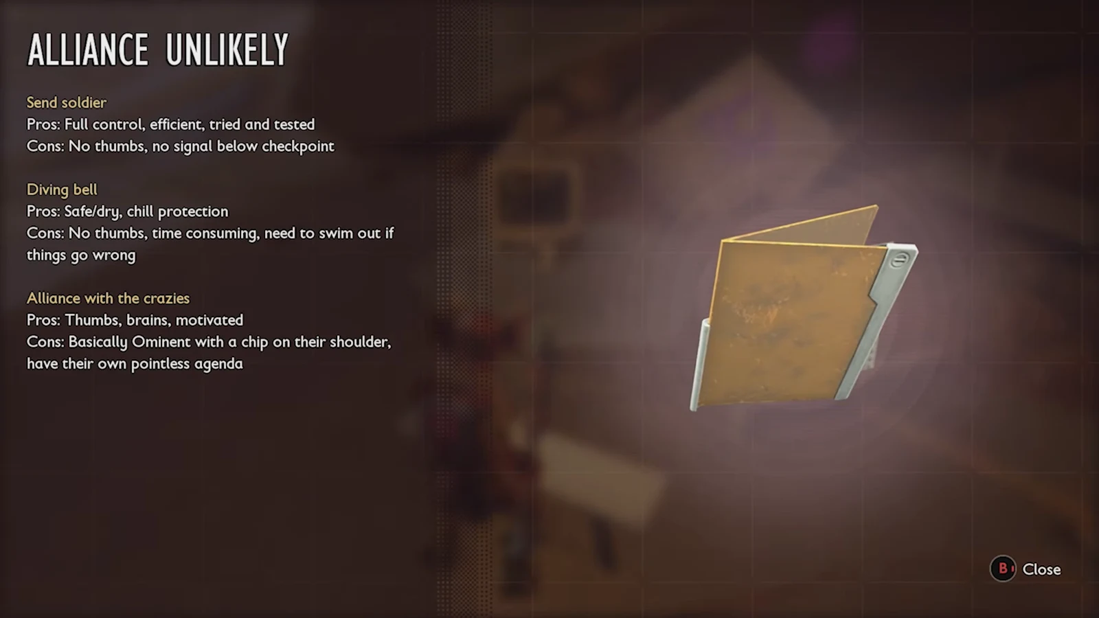 Close view of the ALLIANCE UNLIKELY entry with a button prompt to close the document