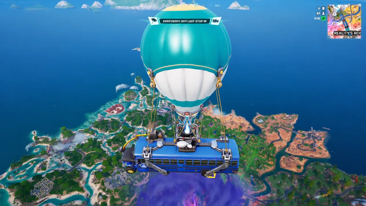 Battle Bus with the EVERYBODY OFF LAST STOP IN banner across the screen