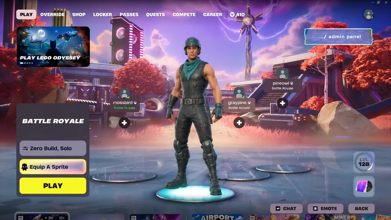 Battle Royale lobby menu with the Equip A Sprite option highlighted before queuing