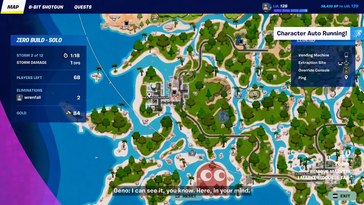 Map screen with the Character Auto Running banner shown during travel