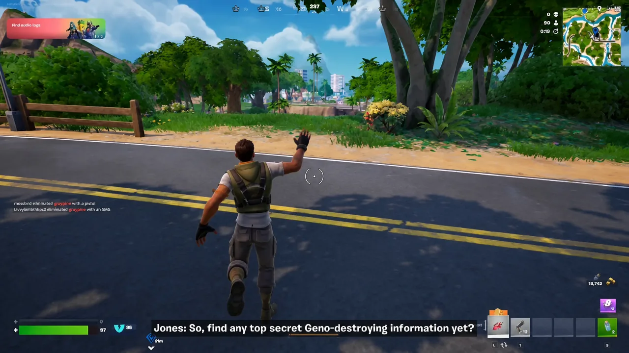 Find audio logs quest banner on screen while searching along a road for the pickup
