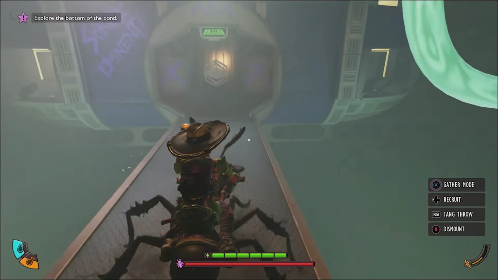 Player rides a creature through a submerged tunnel passage deeper into the anthill