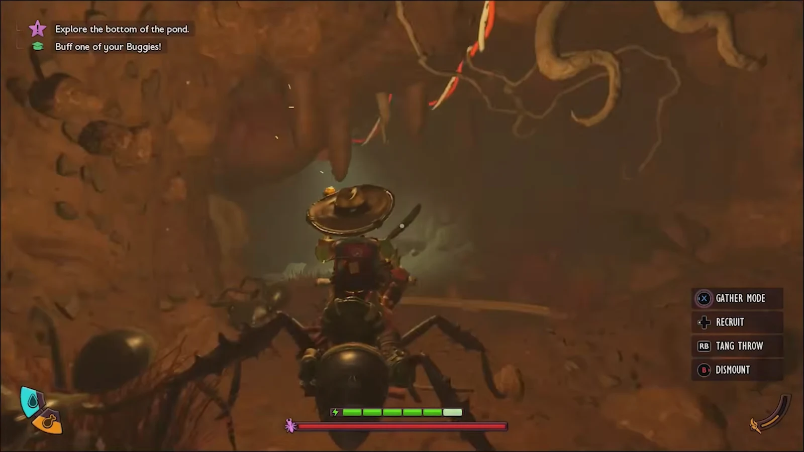 Mounted character moving through a flooded stretch of tunnel with Gather Mode available