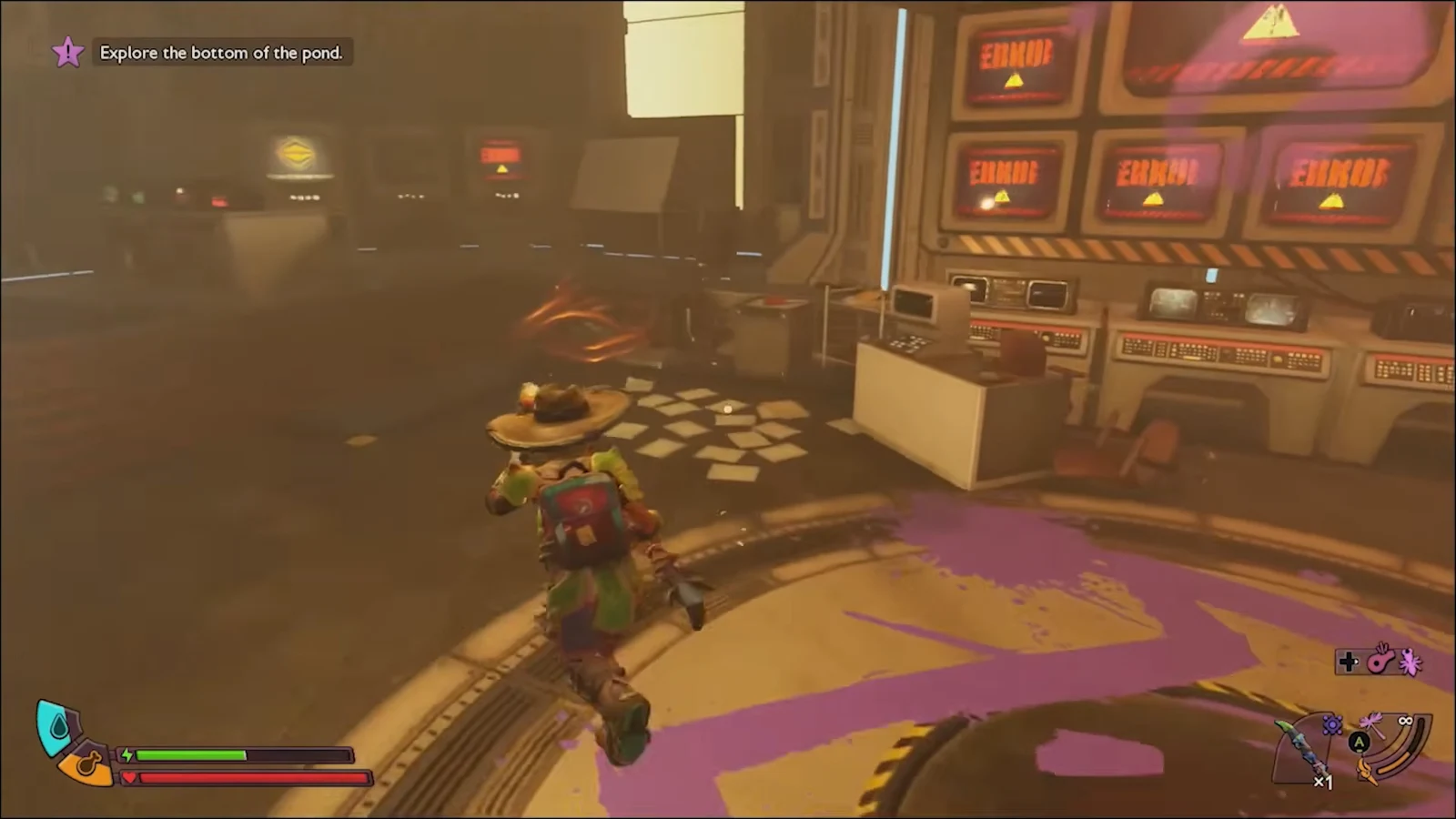 Character walking through the lab module control room where the data folder is kept