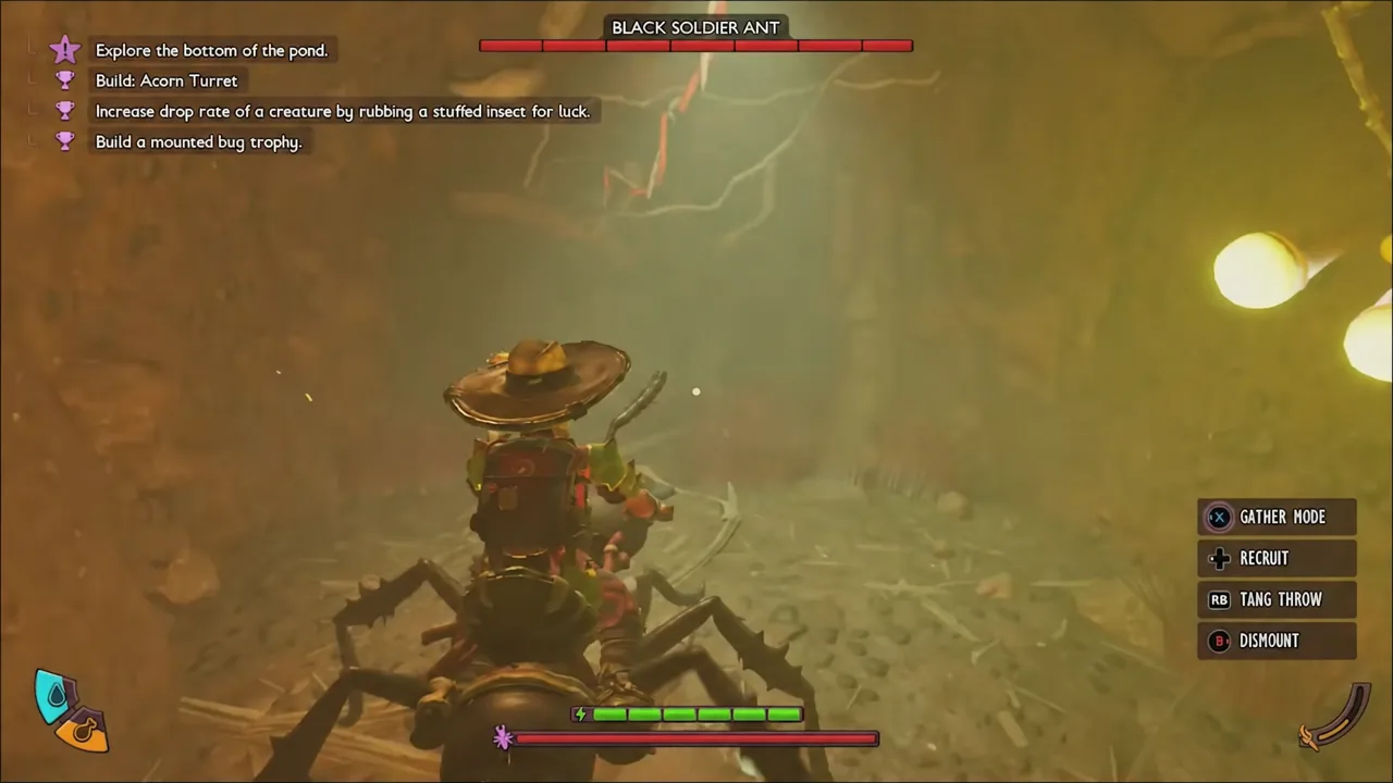 Black Soldier Ant encounter with the player still mounted and the Dismount prompt showing