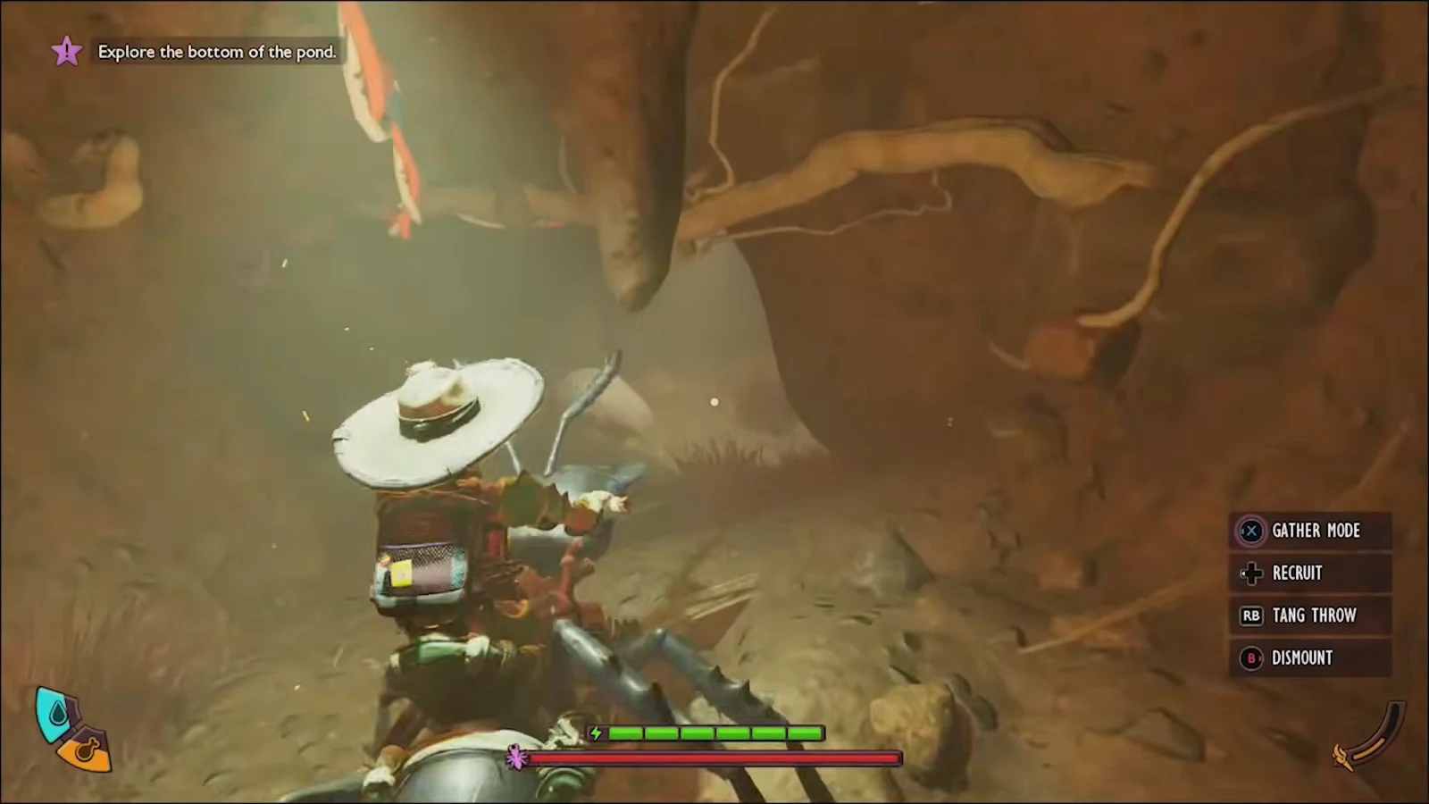 Player riding a mount with Gather Mode, Recruit, Tang Throw, and Dismount controls on the HUD