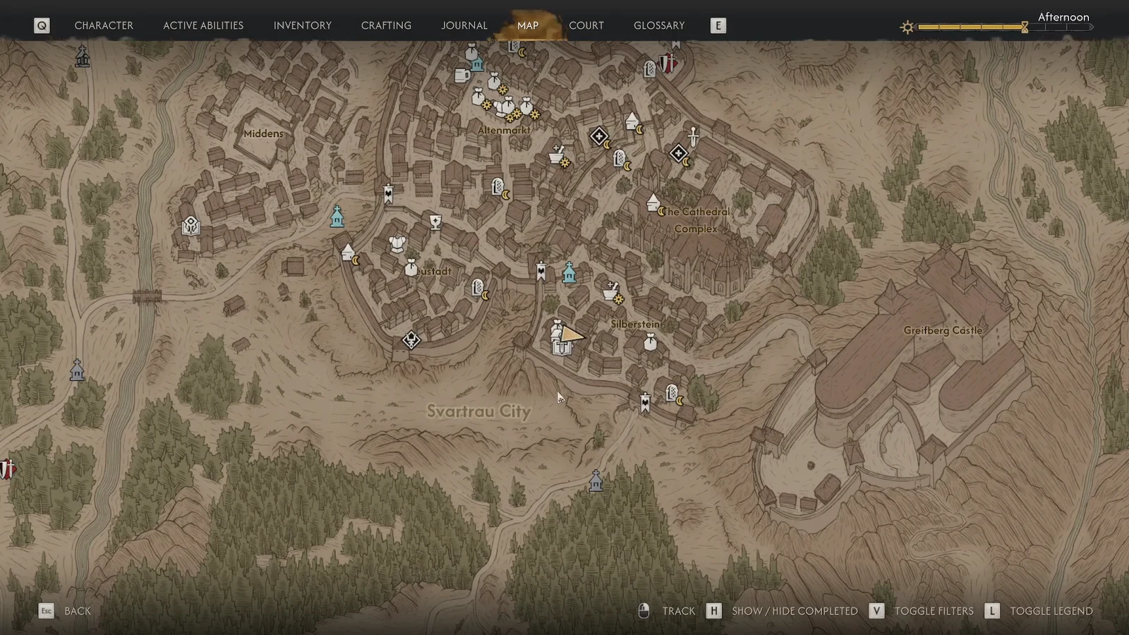 Svartrau City map with the cursor over the Drogos marker in the Silberstein district