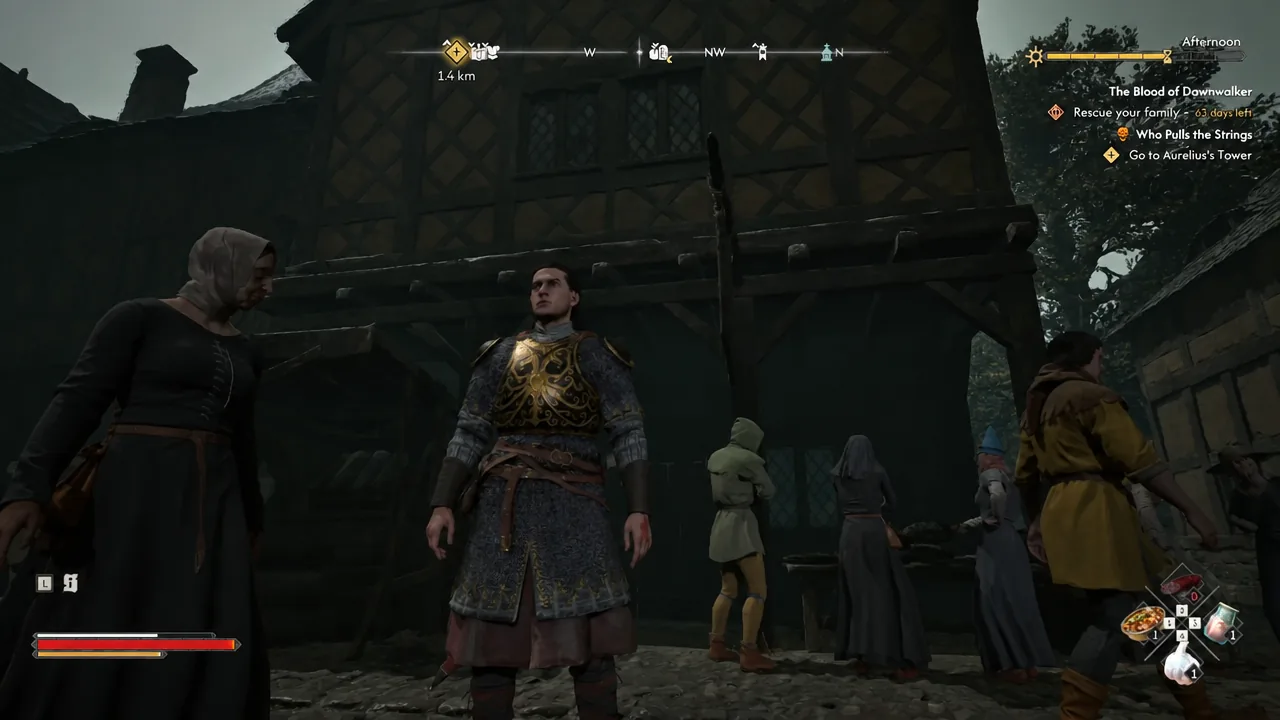Player standing in the Silberstein street in front of the textile stall with the quest tracker visible