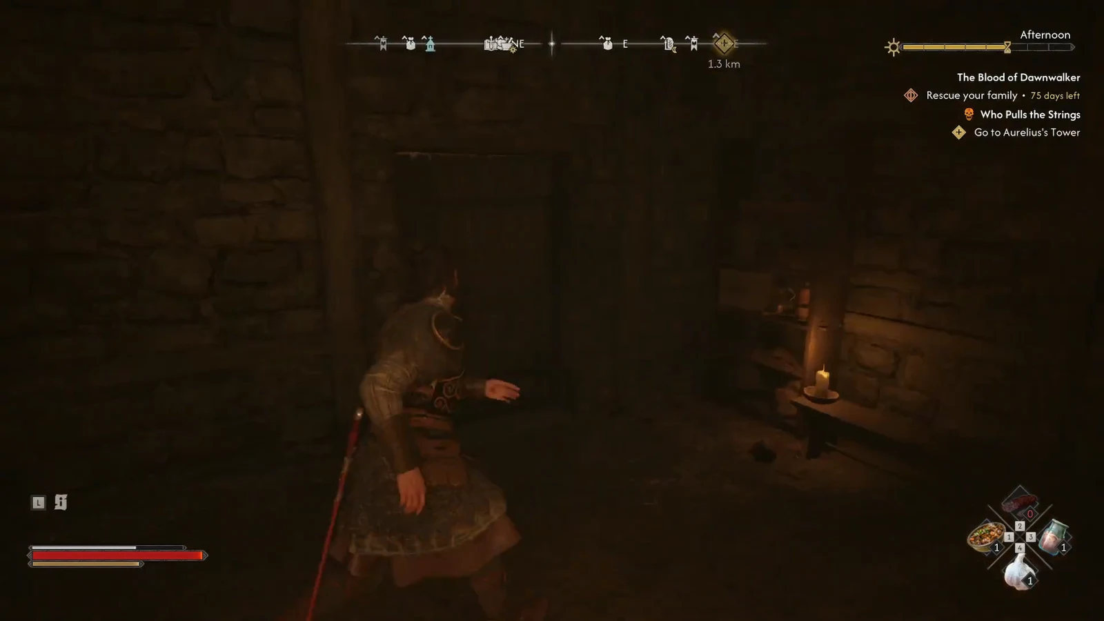 Candlelit stone basement room below the Silberstein trader where Drogos waits