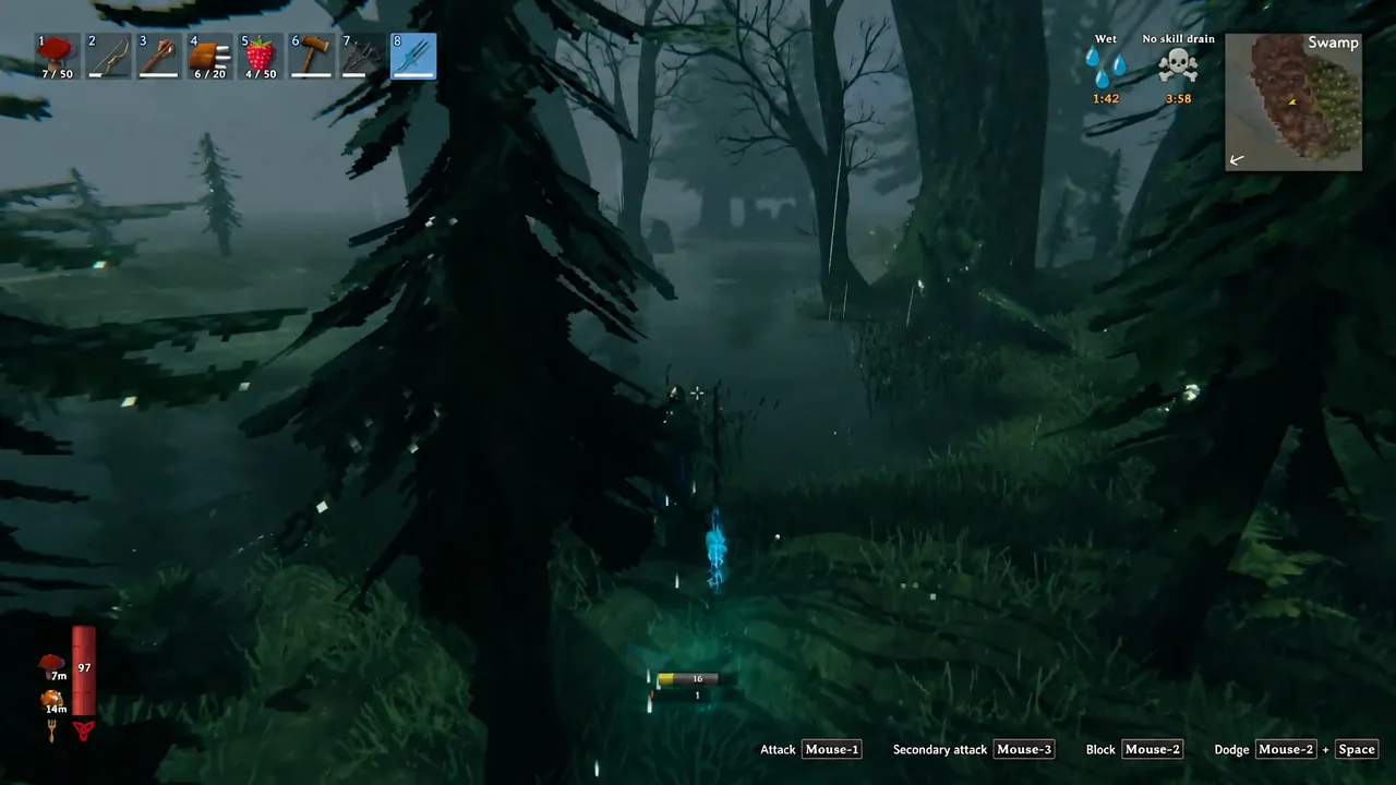 Dark Valheim swamp water with a Leech name plate and health bar floating above the surface