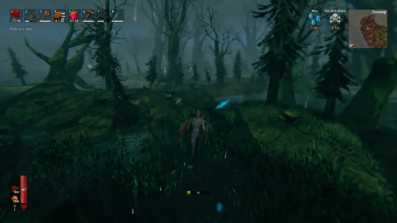 Viking with a spear standing at the edge of swamp water while a Leech approaches