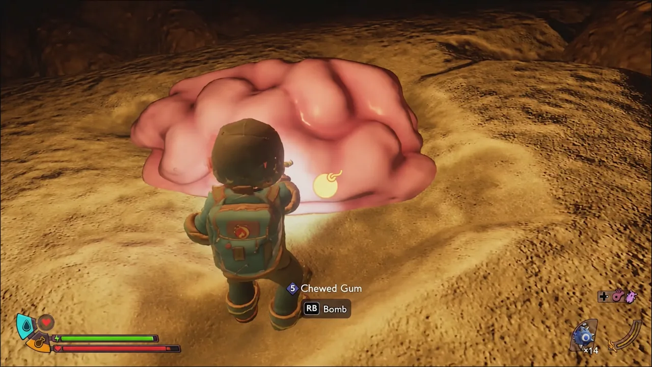 Player firing the highlighted RB bomb prompt at a large pink target in the Abyss