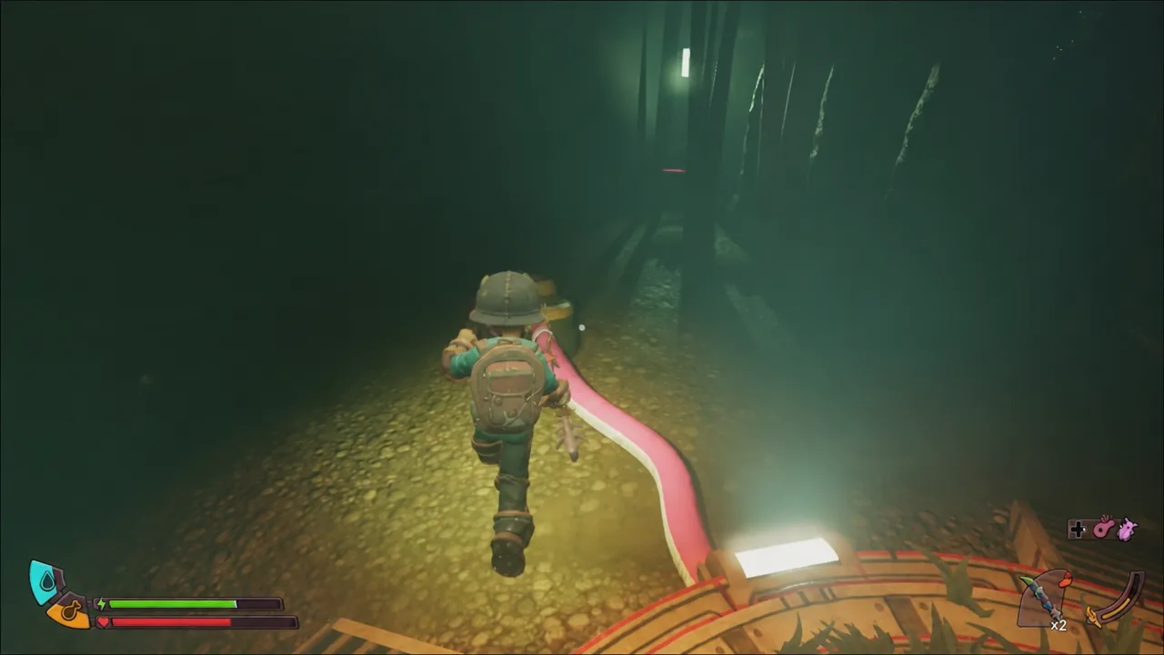 Character following a glowing pink trail through a dark Abyss tunnel toward the antenna