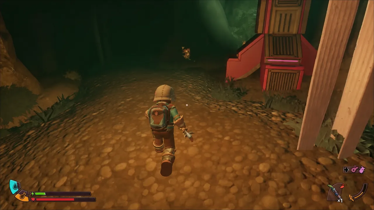 Player running north along a path toward a red structure in the Abyss
