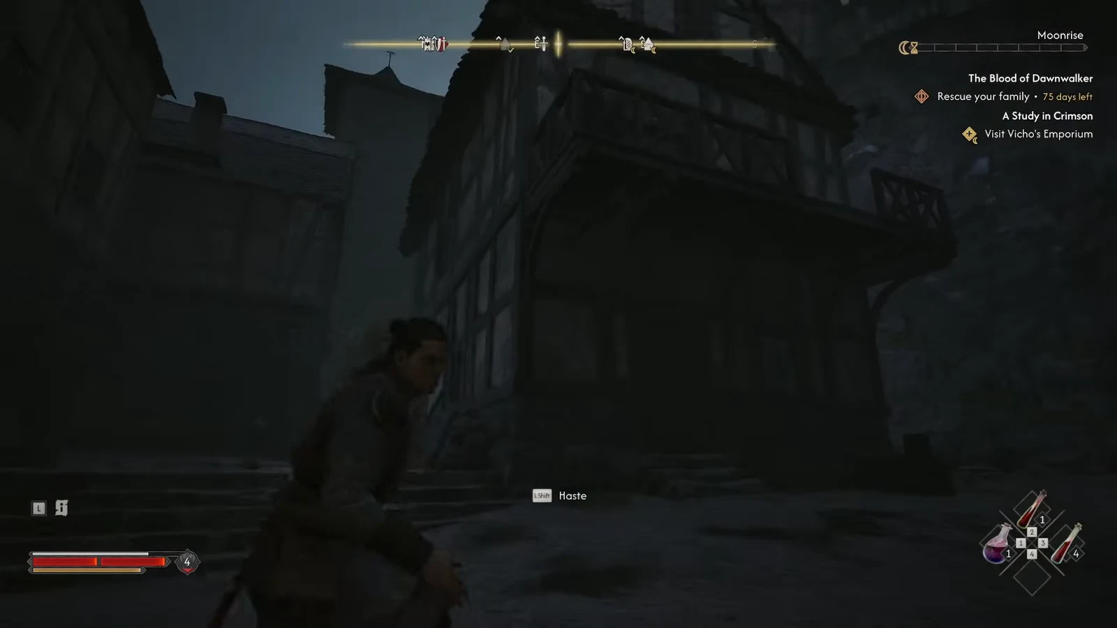 Coen using a movement ability prompt while crossing a dark Svartrau street toward the emporium