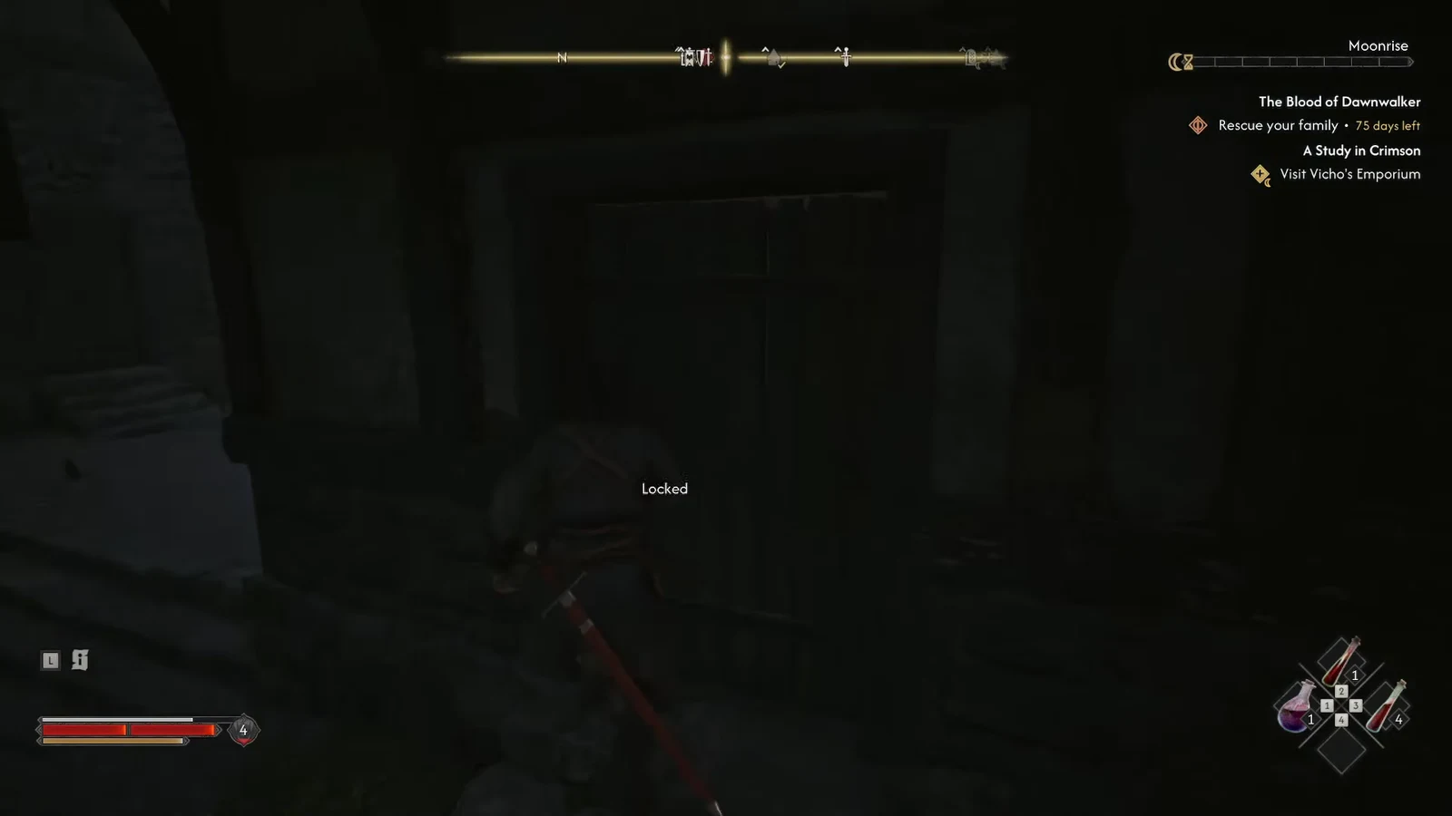 The Locked prompt appearing on the ground-floor door of Vicho's shop