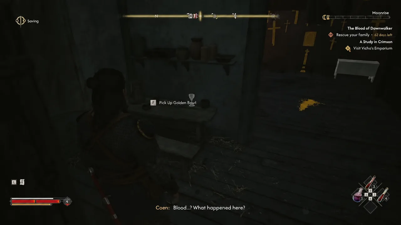 Pick Up Golden Bowl prompt on a table inside the upper floor of Vicho's shop