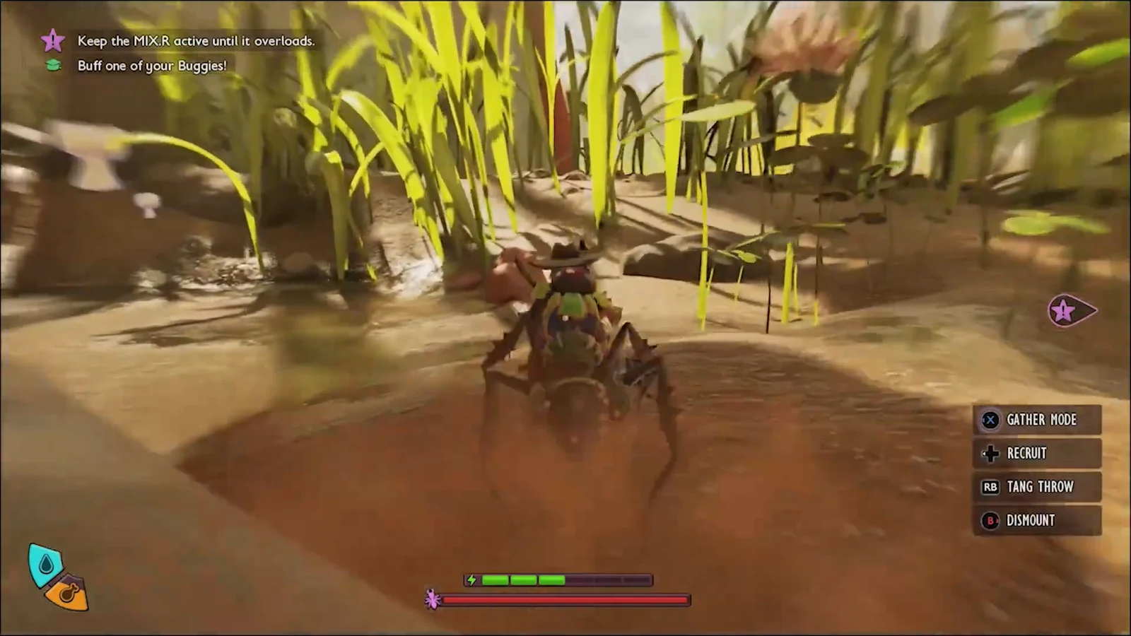 Player riding a Buggy mount across muddy ground in Grounded 2