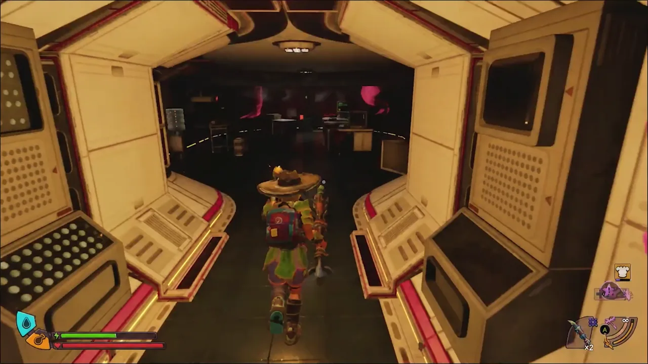 Player character stepping through an Ominent lab module doorway into the room ahead