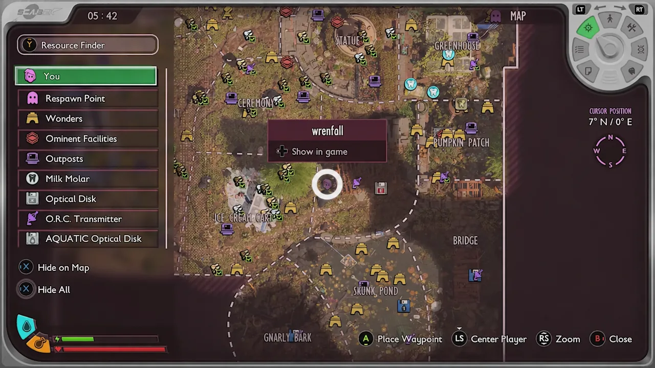 Grounded 2 map screen with a marker popup open and a Show in game option