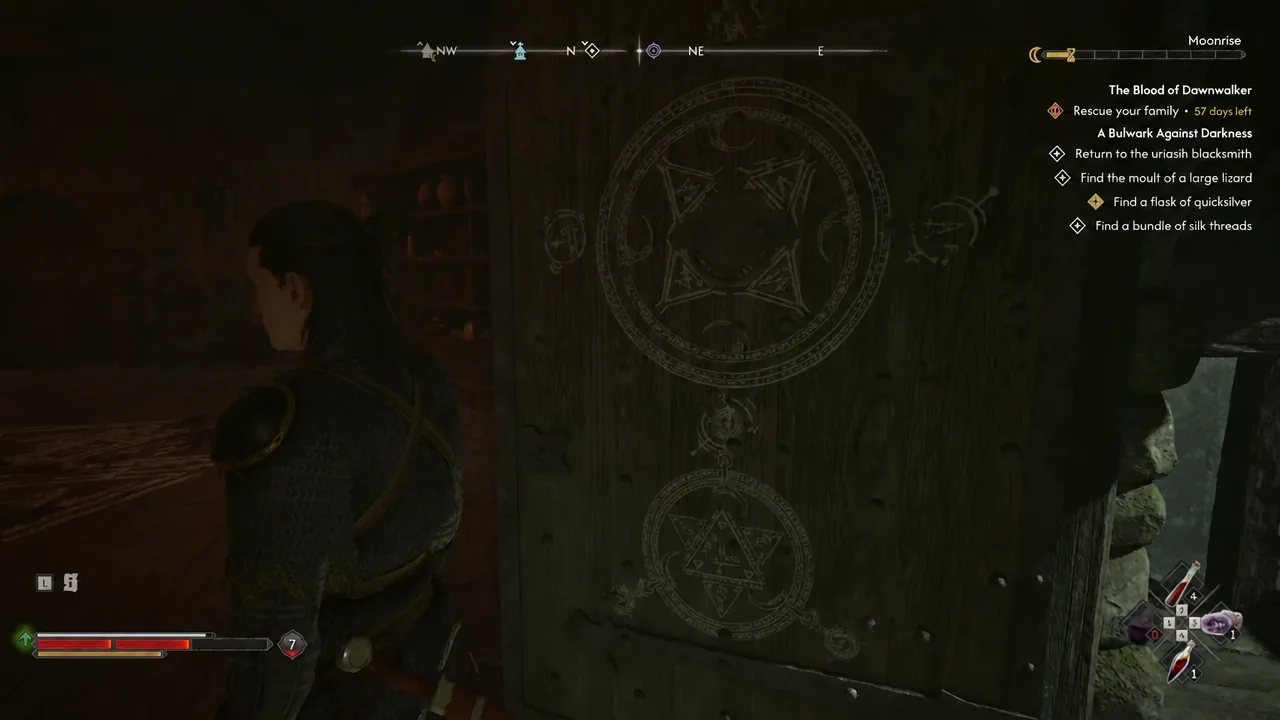 Coen facing the rune-marked wooden door on the upper floor of Silts Tower