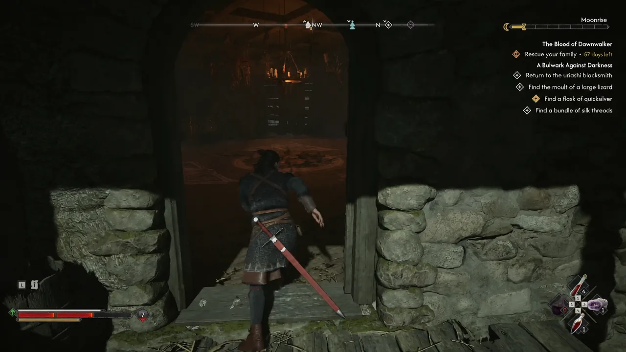 Character stepping into a dark doorway as the flask of quicksilver objective stays tracked