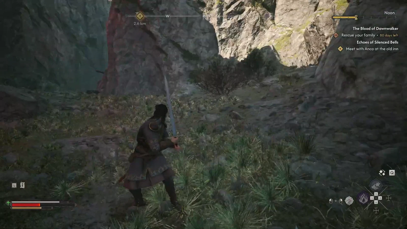 Coen carries the equipped longsword through the canyon with the objective marker ahead