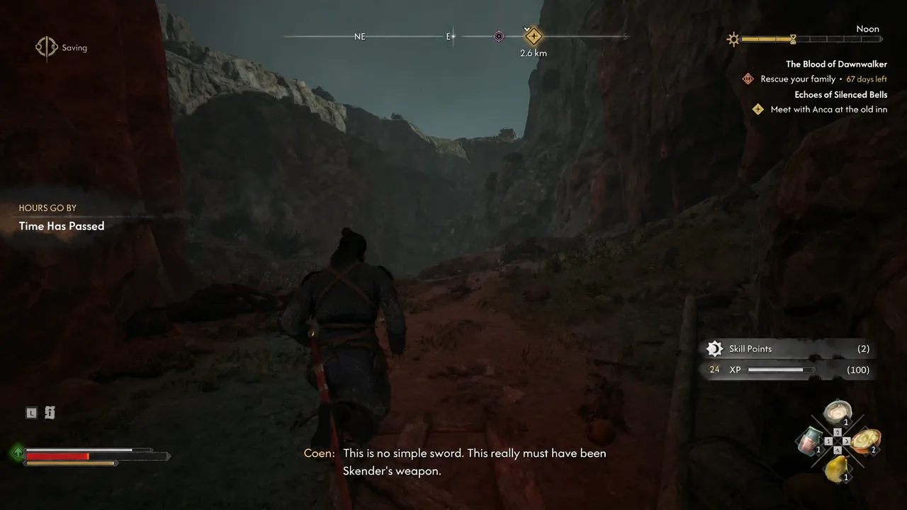 Coen runs through a rocky canyon as the Time Has Passed notice appears on screen