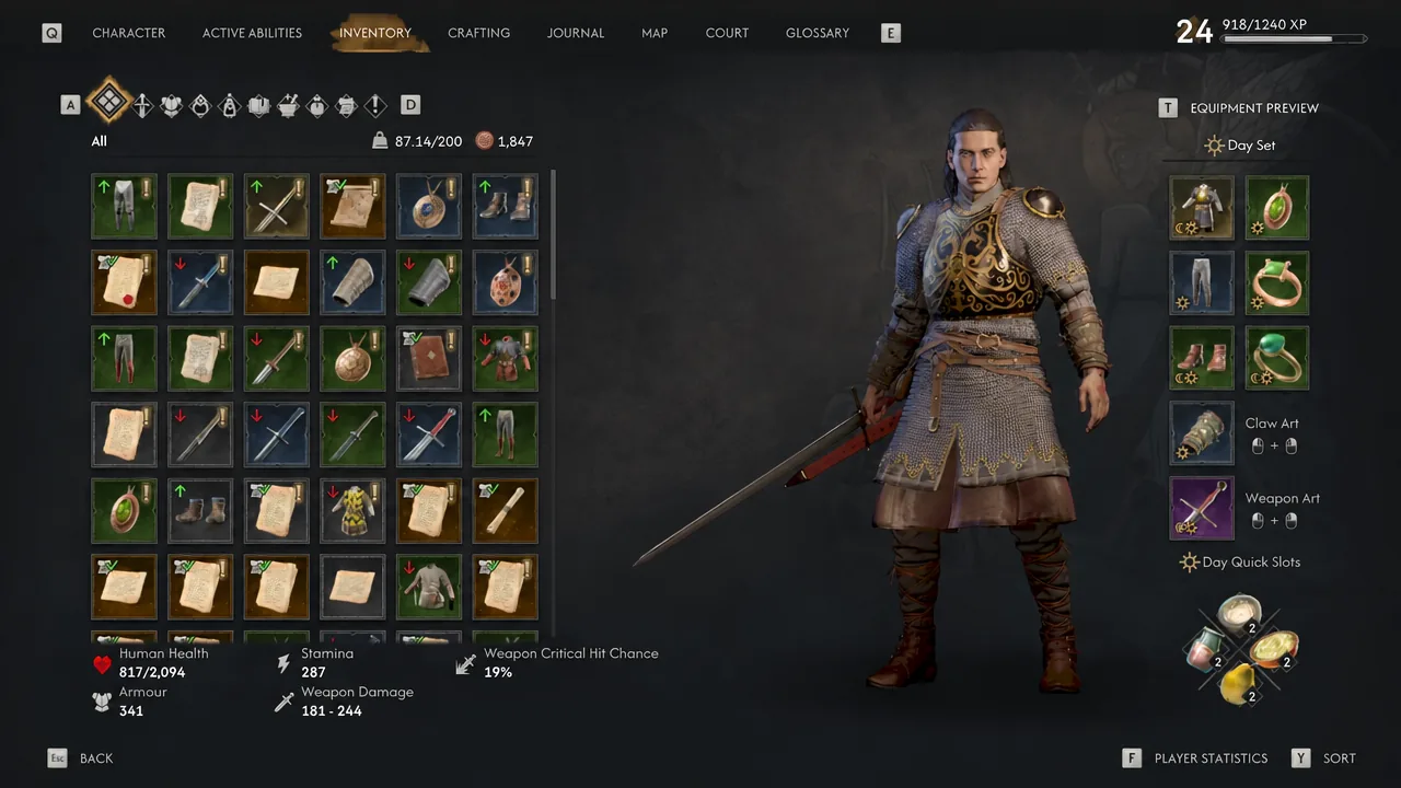 Inventory menu open showing the item grid and equipped gear on the character preview