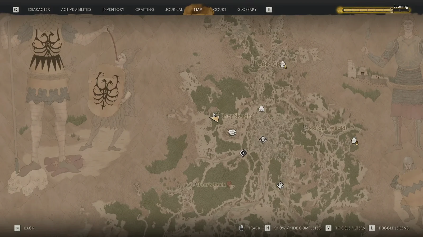 Open world map showing the Briar Sloughs region with the cursor near Coward's Path