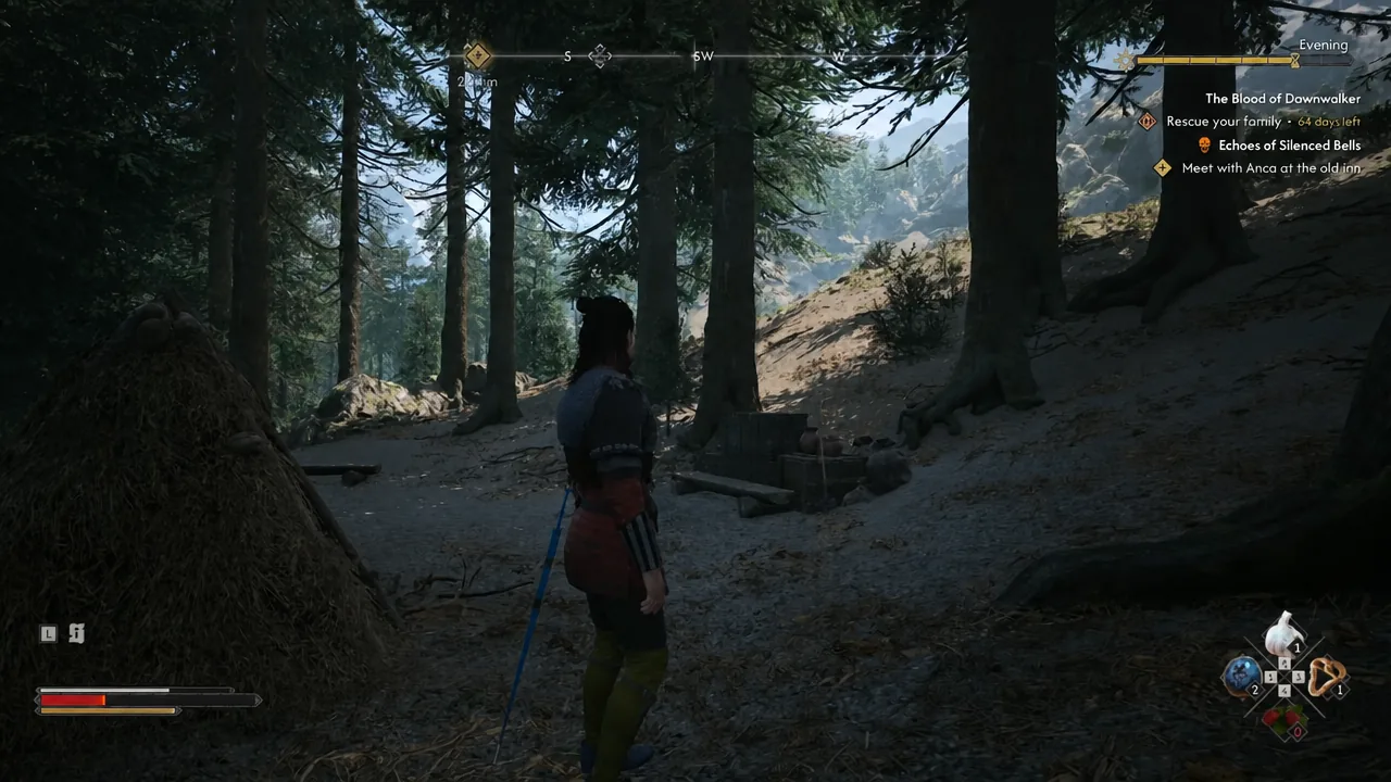 Coen running through dense forest toward the bandit camp with the family rescue timer on screen