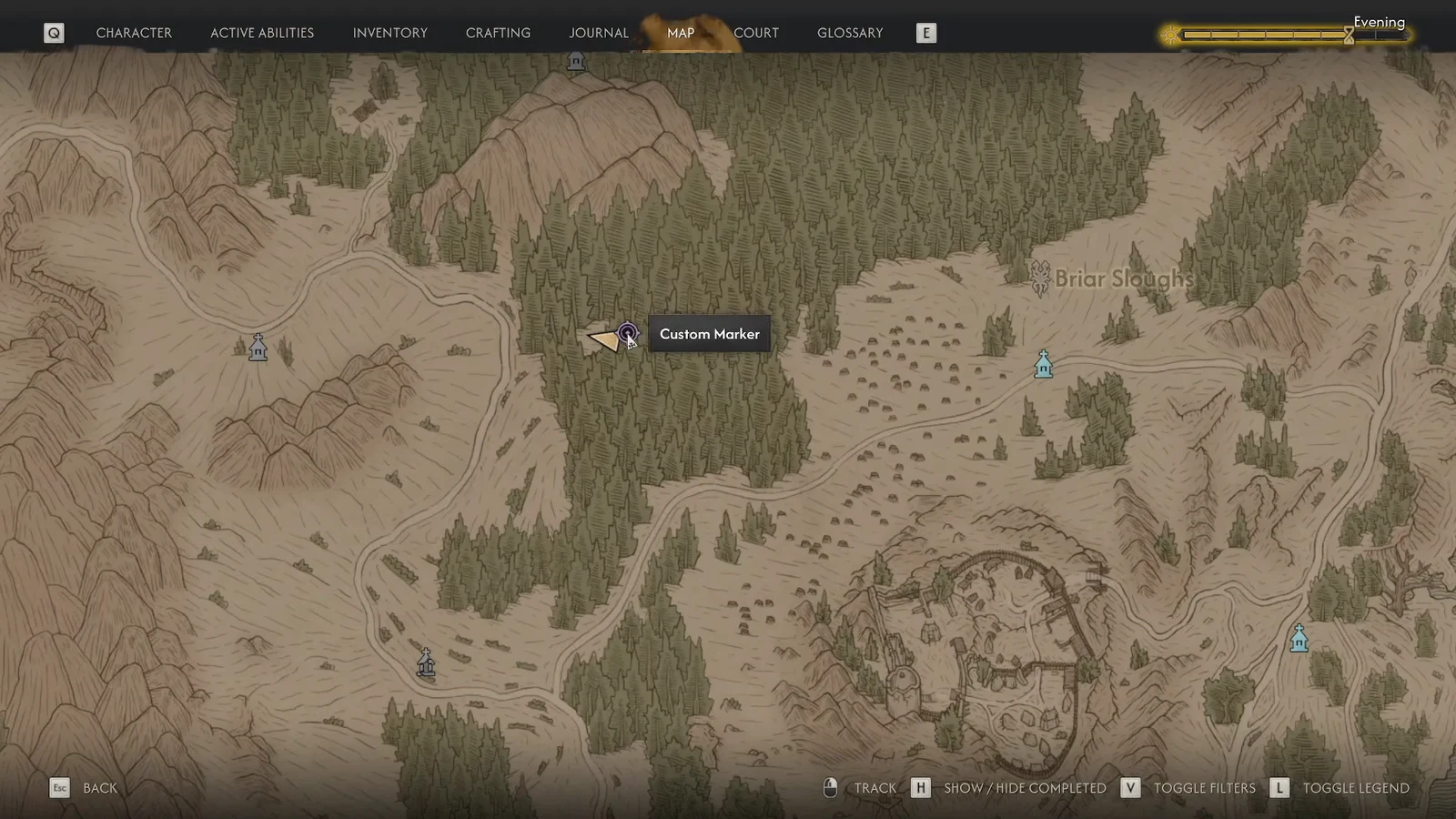 Map with a custom marker placed near Briar Sloughs and the marker tooltip showing