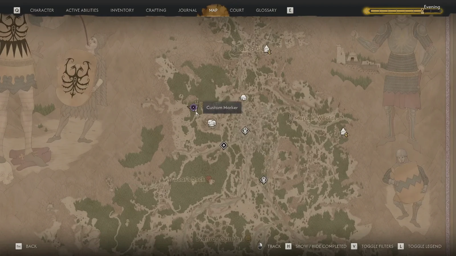 Zoomed out map view with the purple custom marker between Laslea Glen and Maragir Wealds