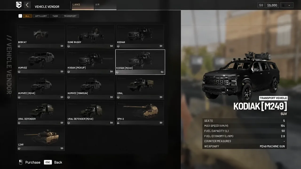 Vehicle Vendor menu open on the Land tab with a ground vehicle highlighted and its stats shown