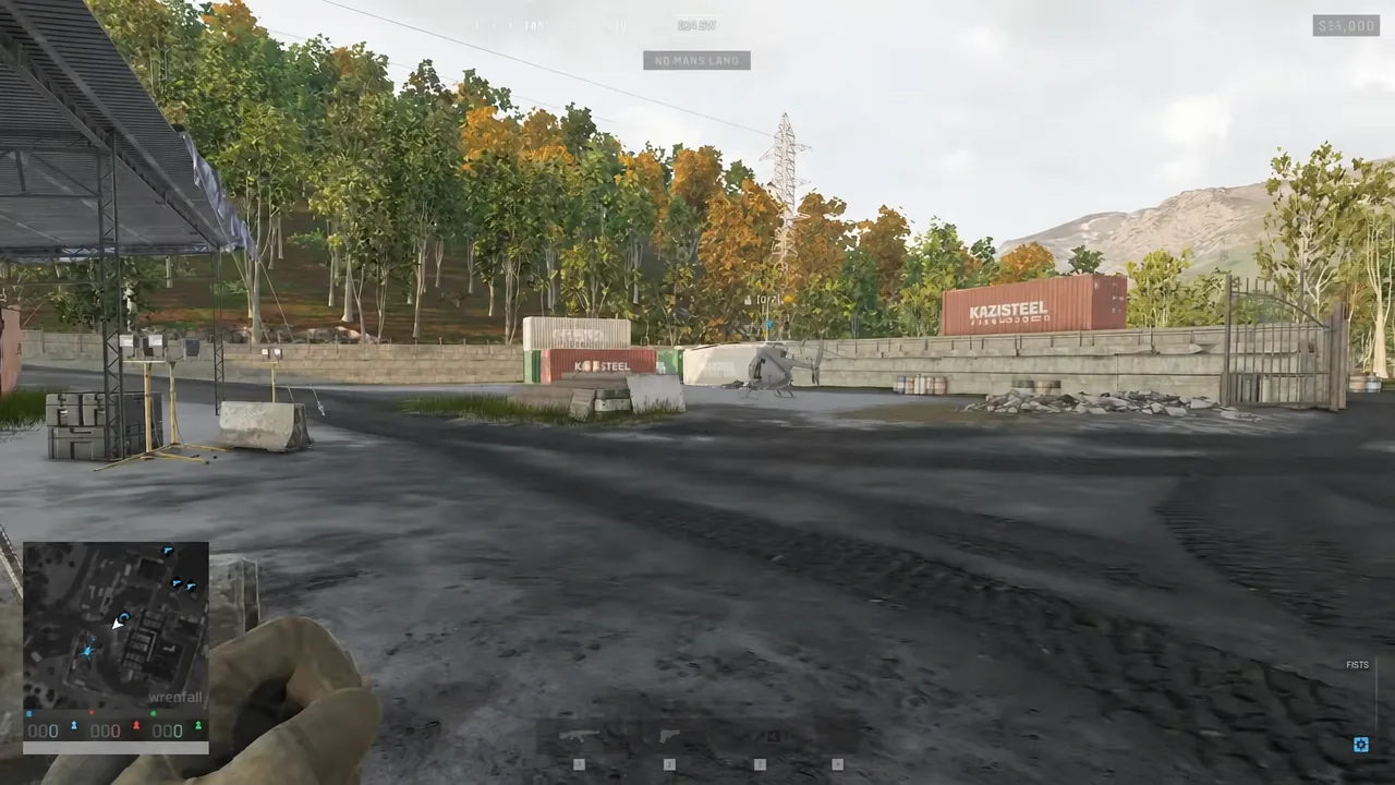 Player aiming a rifle across the industrial yard on the No Man's Land portion of the range