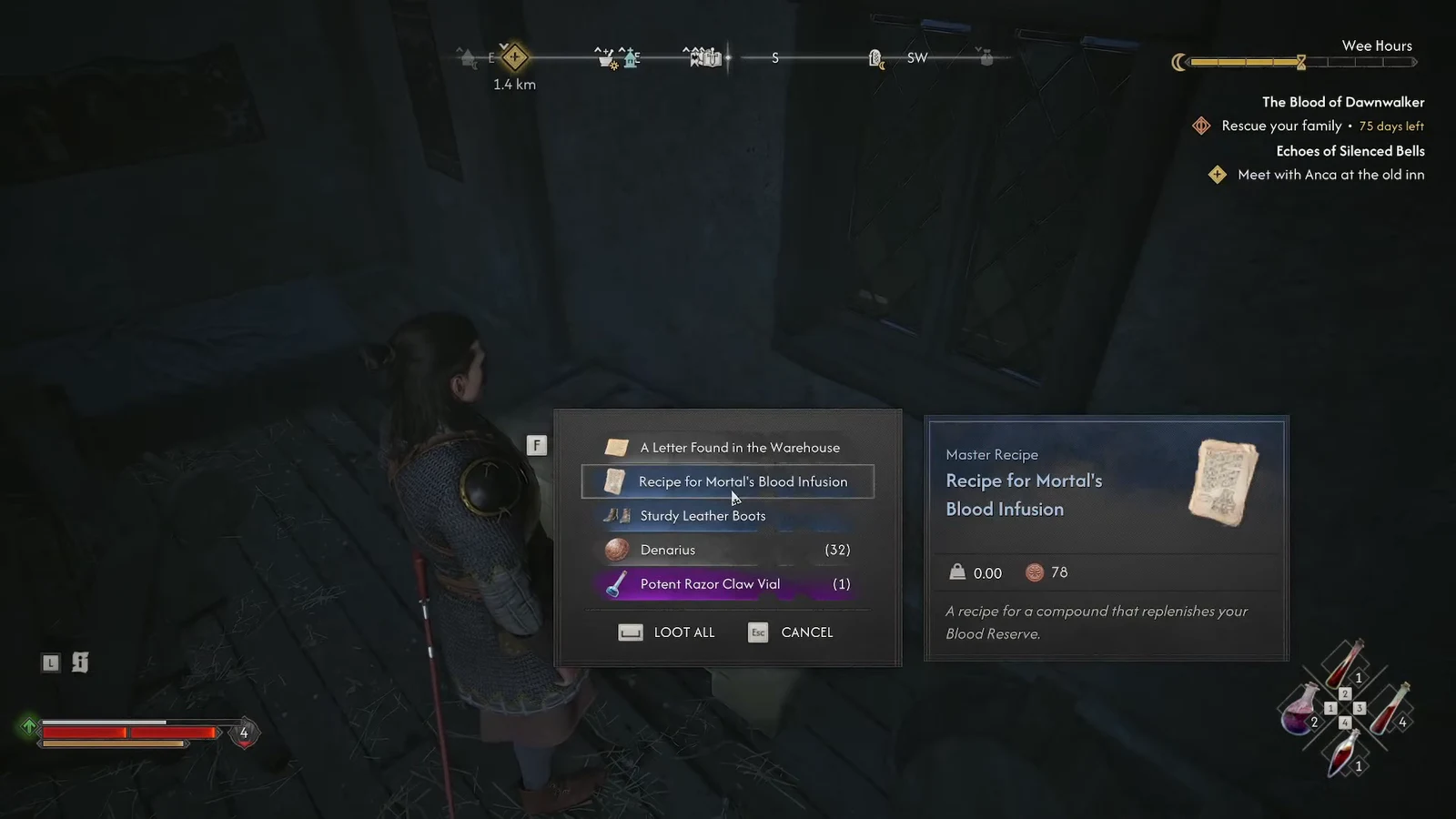 Loot window with the Recipe for Mortal's Blood Infusion selected, showing its master recipe details