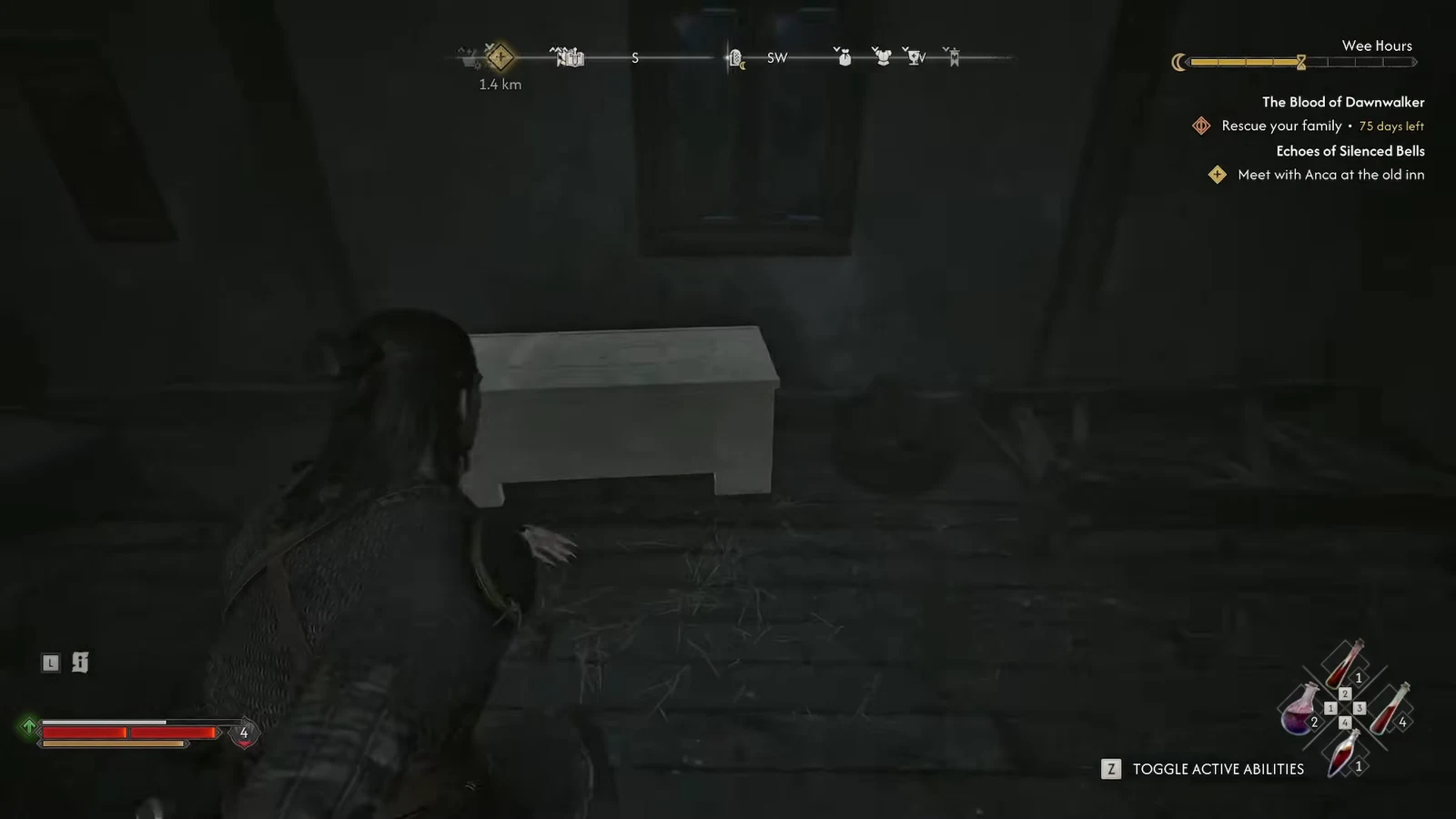 Player standing in front of the locked chest in the upstairs room with objectives listed on the right