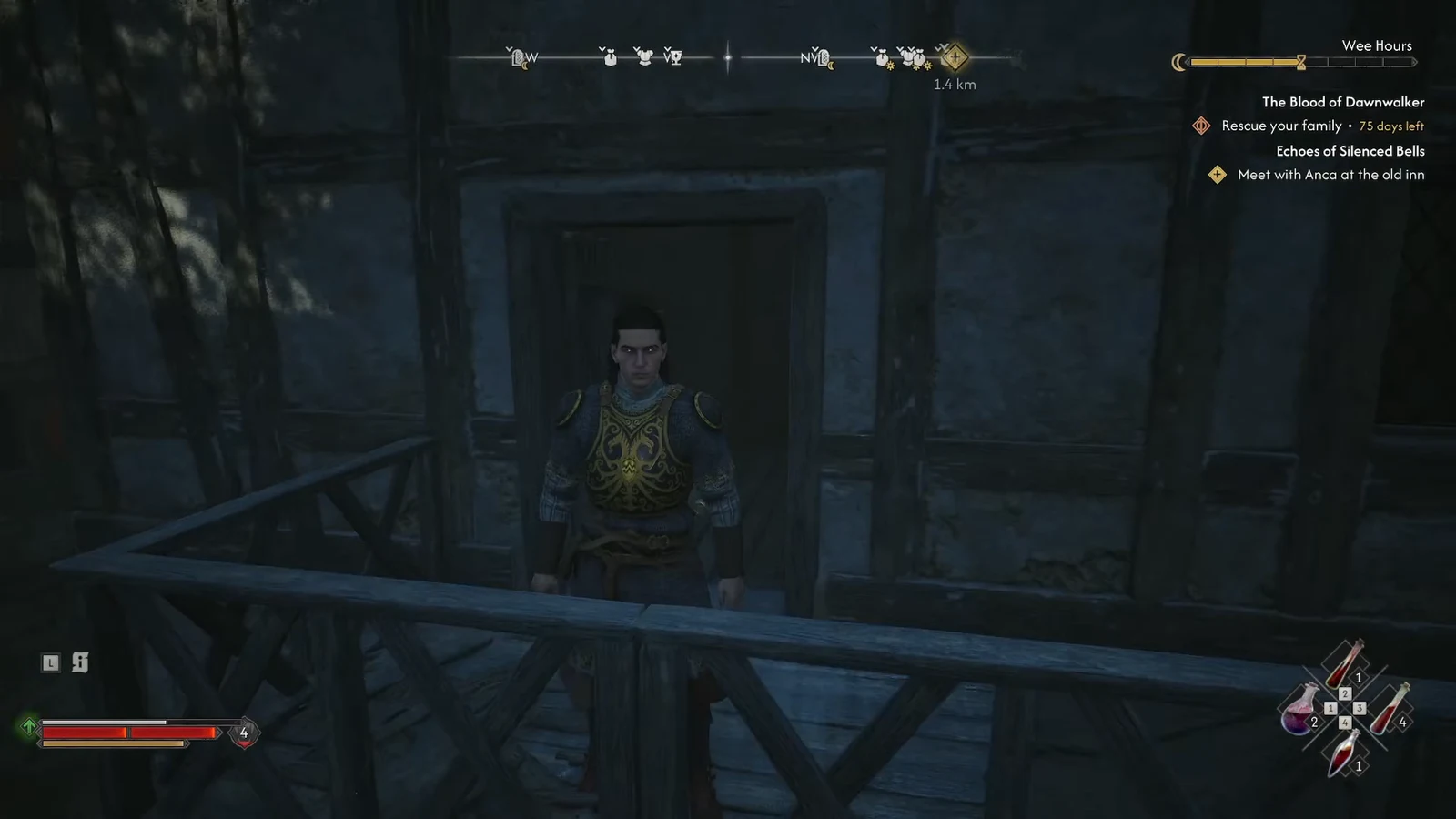 Coen speaking with an NPC at the old inn while the quest tracker shows the objective to meet Anca