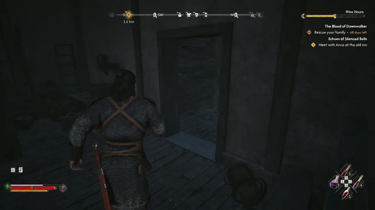Character approaching a doorway on the upper floor during the Wee Hours time of day